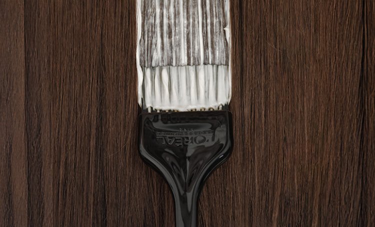 Focus on a professional salon brush applying color to hair, illustrating the techniques used to cover grey hair effectively